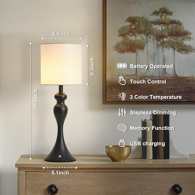 Table Lamp for Bedroom, Cordless Bedside Lamps for Living Room, Touch 3-Way Dimmable Desk Lamp for Night Stands, Rechargeable, Battery Operated Lamp with Fabric Shade for Dorm, Home Office (Black)