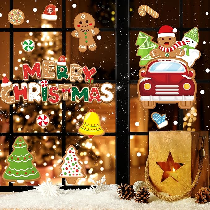 9 Sheets Christmas Gingerbread Man Window Clings Candy House Window Decorations Stickers Merry Christmas Door Seasons Decals for Holiday Xmas Home Kitchen Living Room(Gingerbread)