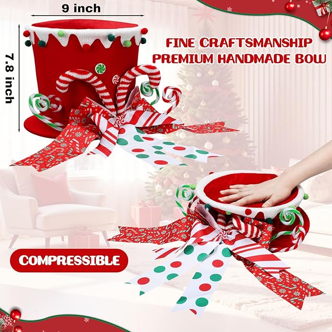Jenaai Christmas Tree Topper Hat Candy Canes Tree Topper with Striped Bow Ribbon and Lollipop Christmas Decorations Desktop Ornaments Xmas Festive Gift for Home Xmas Holiday Winter Decor(Red)