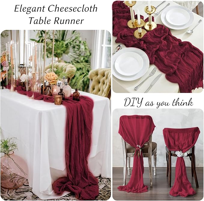 10 Pack Burgundy Cheesecloth Table Runner,10FT/120 Inch Boho Gauze Fabric Table Runner,Rustic Sheer Burgundy Cheese Cloth Runner Bulk for Wedding,Bridal Baby Shower,Birthday Party,Holiday Table Decor