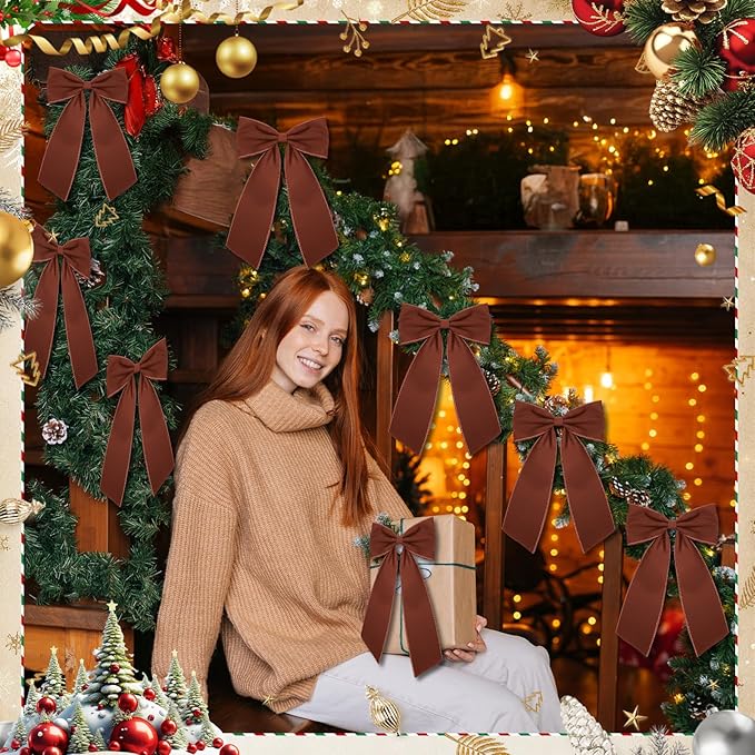 Riceshoot 6 Pcs 10 x 16 Inch Large Bows Valentine's Day Tree Decorations Velvet Ribbon Tree Topper Velvet Wreath Bows with Wired Edge for Valentines Home Fireplace Indoor Outdoor Decor (Brown)