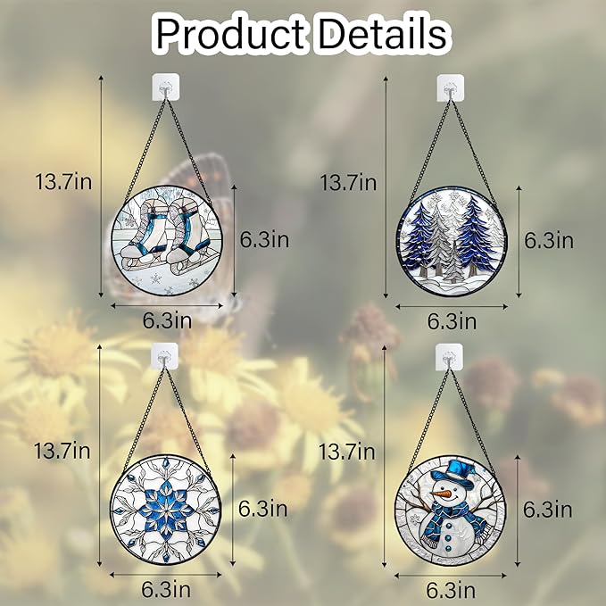 Stained Glass Window Hanging 4 Pcs Set White Winter Christmas Snow Scene 6.3" - Suncatcher Door Garden Sun Catcher Decor Birthday for Mom Woman Nana Men Friend Wife