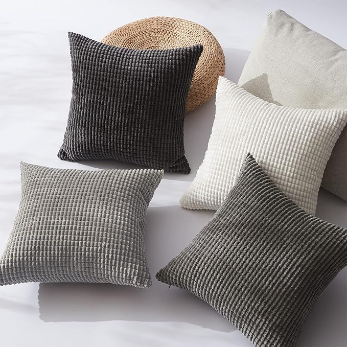 Topfinel 4 Packs Grey Decorative Throw Pillow Covers 16x16 Inch for Living Room Couch Bed Sofa, Boho Western Farmhouse Home Decor, Square Soft Moss Corduroy Fall Cushion Case 40x40 cm