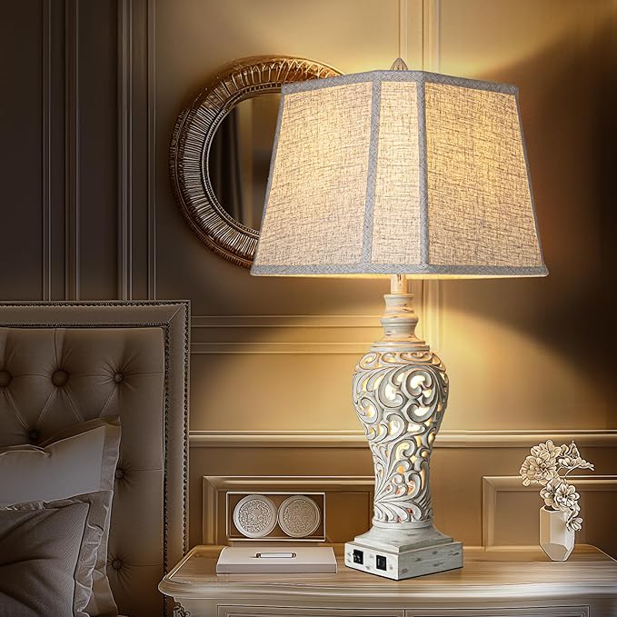 32" Tall Table Lamps Set of 2 - Bedside Lamp with Fabric Shades - for Bedroom and Living Room with USB and Nightlight - Perfect for Nightstands and Bedrooms - Bulbs Included