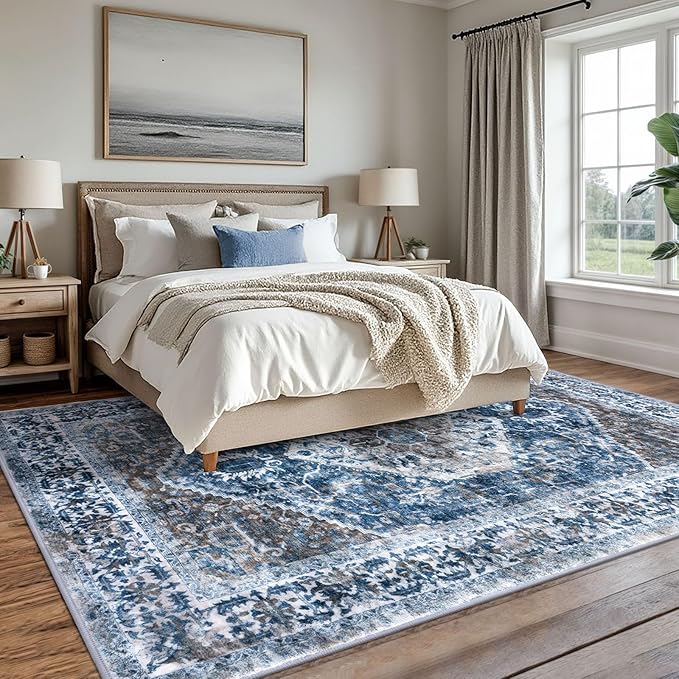 KOZYFLY Boho Area Rug 8x10 Ft Thin Rugs for Living Room Washable Bedroom Rug Non Slip Rugs for Living Room Blue Printed Faux Wool Vintage Bedroom Rug Floor Carpet for Dining Room