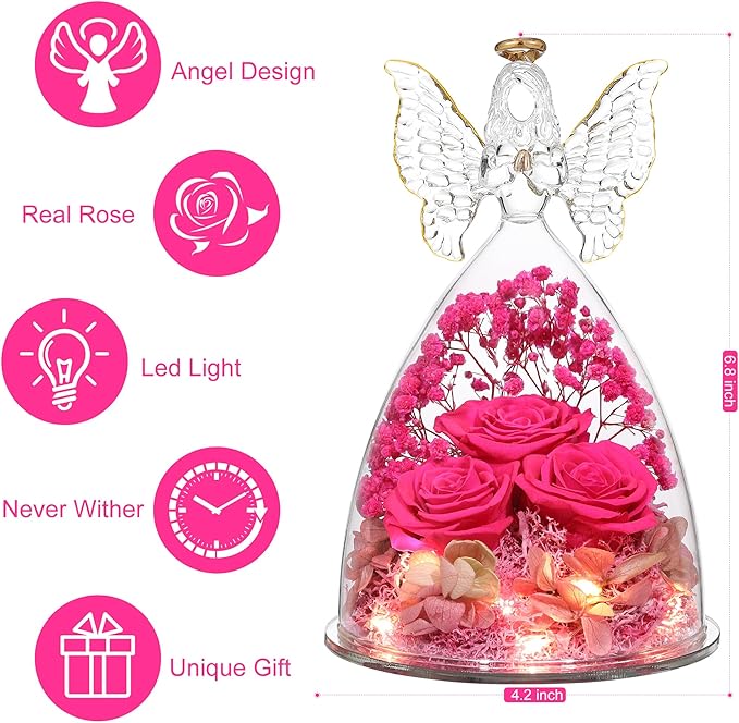 Christmas Rose Gifts for Women Preserved Real Flower in Glass Angel Figurines Roses for Delivery Prime Birthday Gifts for Mom Grandma Girlfriend Wife Her - Hot Pink