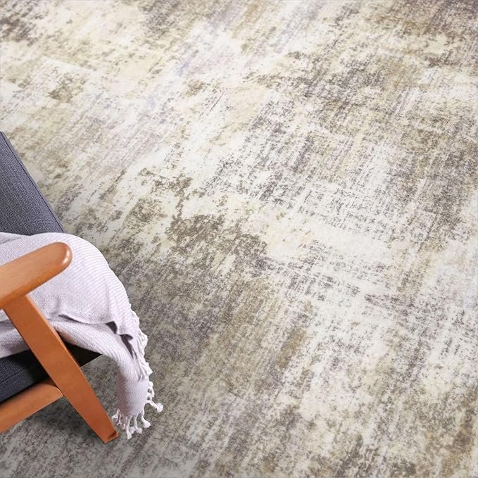 IOHOUZE Abstract Round Area Rug 6 Ft Washable Circle Rugs Large Round Rug Non Slip Thin Soft Circle Rugs, Printed Faux Wool Floor Carpet for Bedroom Living Room Dining Room Nursery, Beige Brown