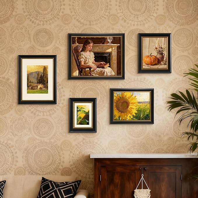 12x16 Black Picture Frame, 12 x 16 Photo Frame with Real Glass, Antique Picture Frames for Wall or Tabletop Display, Display Poster 8.5x11 with Mat or 12x16 without Mat for Antique Déco,Black with Gold Trim