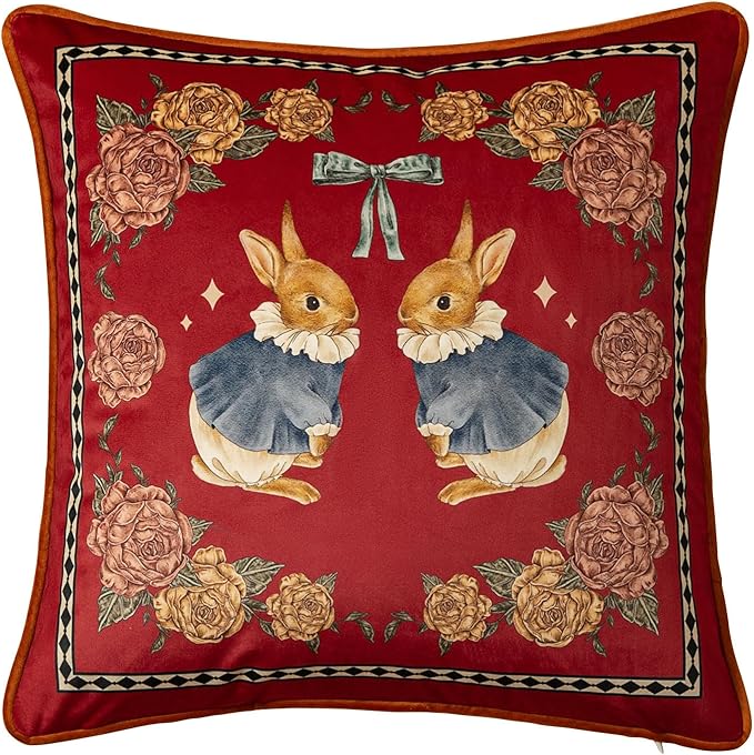 Grandmillennial Bunny Floral Pillow Cover, Velvet Euro Sham Covers Decorative Throw Pillow Covers 18x18 for Couch Sofa Bed Living Room, Christmas & Holiday, Red