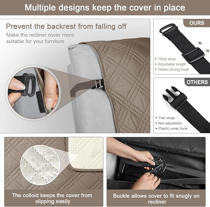 TAOCOCO 100% Waterproof Recliner Chair Covers, Non Slip Recliner Covers for Recliner Chair with Pocket, Washable Reclining Chair Cover Furniture Protector for Kids,Dogs(25'', Taupe)