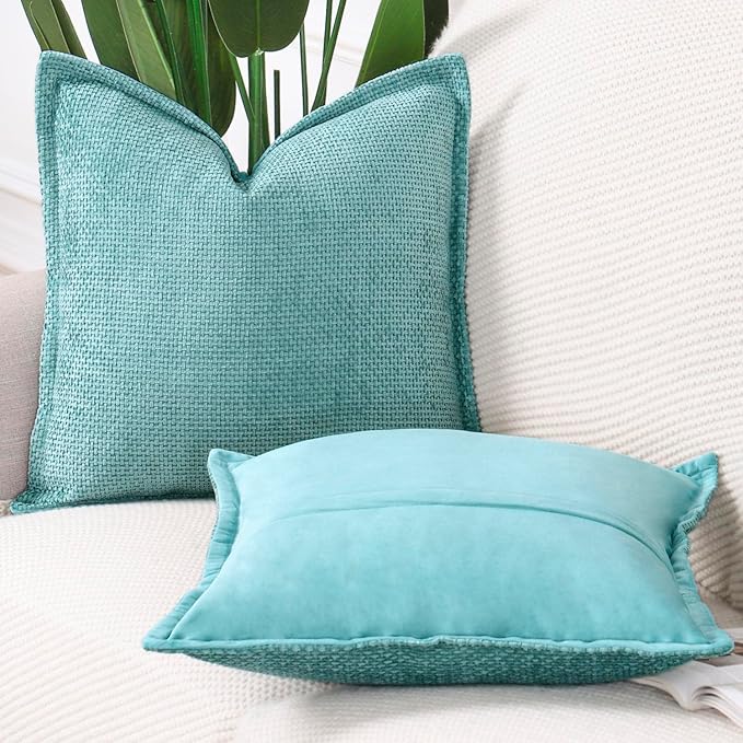 MADIZZ Chenille Velvet Throw Pillow Covers with Flange Set of 2 Super Soft Boho Textured Pillow Covers Decorative Throw Pillowcases Modern Farmhouse Home Decor for Sofa Bedroom Turquoise 24x24 Inch