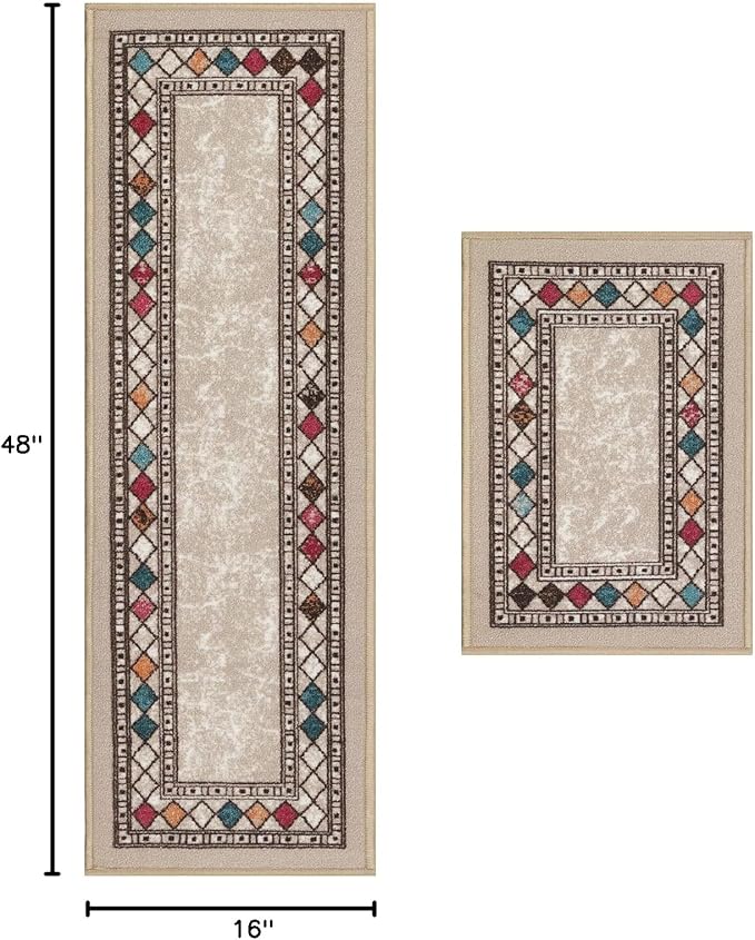 Antep Rugs Alfombras Modern Bordered 2pc Non-Skid (Non-Slip) Low Profile Pile Rubber Backing Indoor Kitchen Runner Rugs (Beige, 2pc Set)