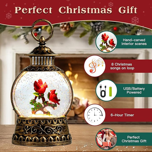 Cardinal Christmas Snow Globe, Cardinal Musical Snow Globe Lantern Lights with 6H Timer Battery & USB Powered, Retro Style Holiday Glitter Globe for Xmas Home Decoration Holiday Party Gifts