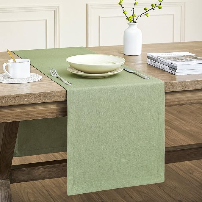 ZeeMart Basic Linen Style Table Runner, 14 x 72 Inch Sage Green, Rustic Farmhouse Green Table Runners 72 Inches Long, Everyday Polyester Table Runner - Machine Washable & Easy Care