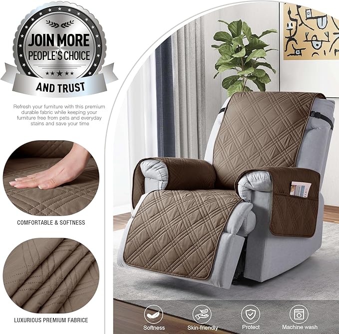 TAOCOCO 100% Waterproof Recliner Chair Covers, Non Slip Recliner Covers for Recliner Chair with Pocket, Washable Reclining Chair Cover Furniture Protector for Kids,Dogs(25'', Taupe)