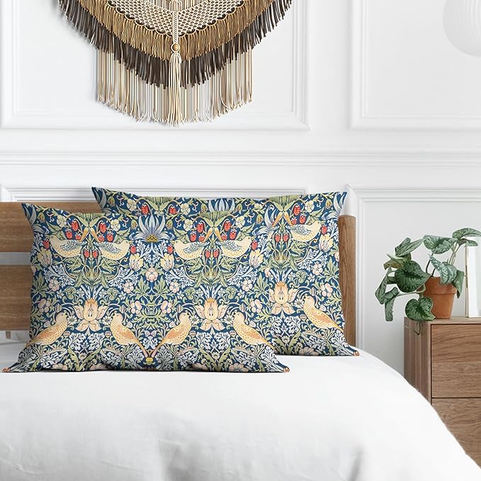William Morris Pillow Protectors with Zipper Standard Size Red Strawberry Birds Print Pillow Covers Set of 2 Vintage Floral Botanical Pillow Cases Mid Century Modern Bed Pillow Covers 20"x30"