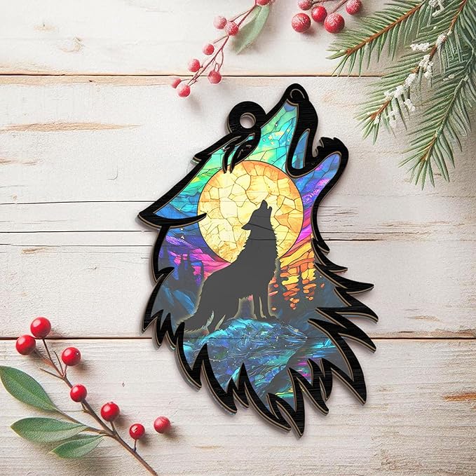Christmas Wolf Gifts for Women Men - Suncatcher Ornaments 2025 - Wolf Ornaments for Christmas Tree, Wolves Gifts for Animal Lovers Kids Boys Girls, Animal Lover Gift Ideas for Xmas Decorations
