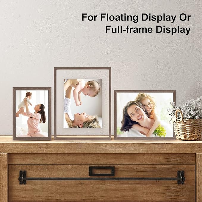 Egofine 5x7 Floating Frames Set of 2, Double Plexiglass Picture Frame, Made of Solid Wood Display Any Size Photo up to 5x7, Wall Mount or Tabletop Standing, Brown