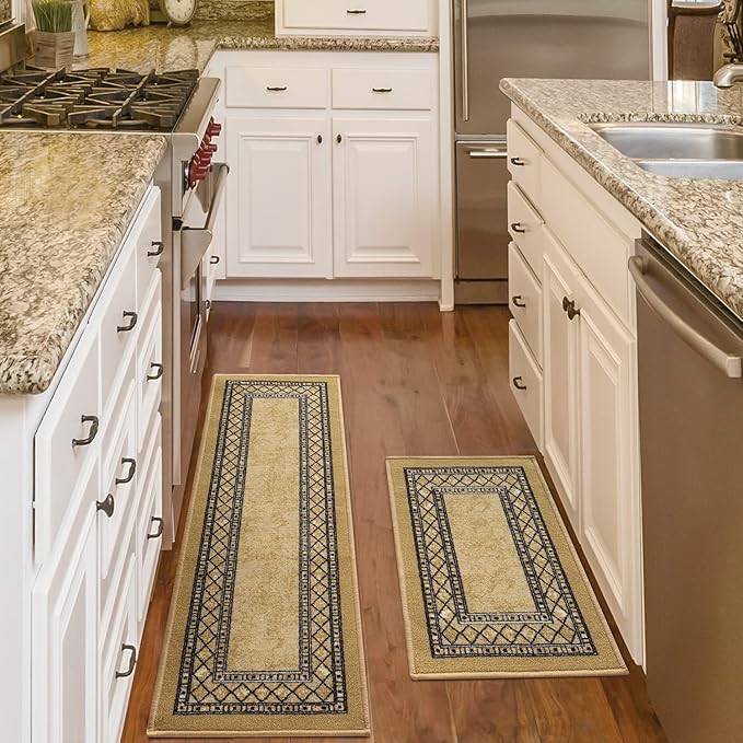 Antep Rugs Alfombras Modern Bordered 2pc Non-Skid (Non-Slip) Low Profile Pile Rubber Backing Indoor Kitchen Runner Rugs (Brown, 2pc Set)