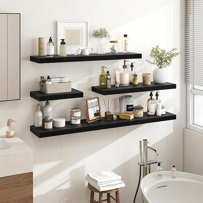 24 Inch Floating Shelves, 24"x9.25"x1.5" Inch Deep Floating Shelves for Wall, Wooden Shelves for Bathroom, Bedroom, Living Room, Black, 2 Pieces