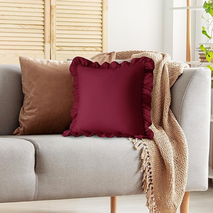 KKJIAF Ruffle Pillow Cases 24x24 Inches, Burgundy Square Ruffled Pillow Covers Set of 2, Microfiber Wrinkle Resistant Pillow Shams with Envelope Closure for Sofa Bed Living Room