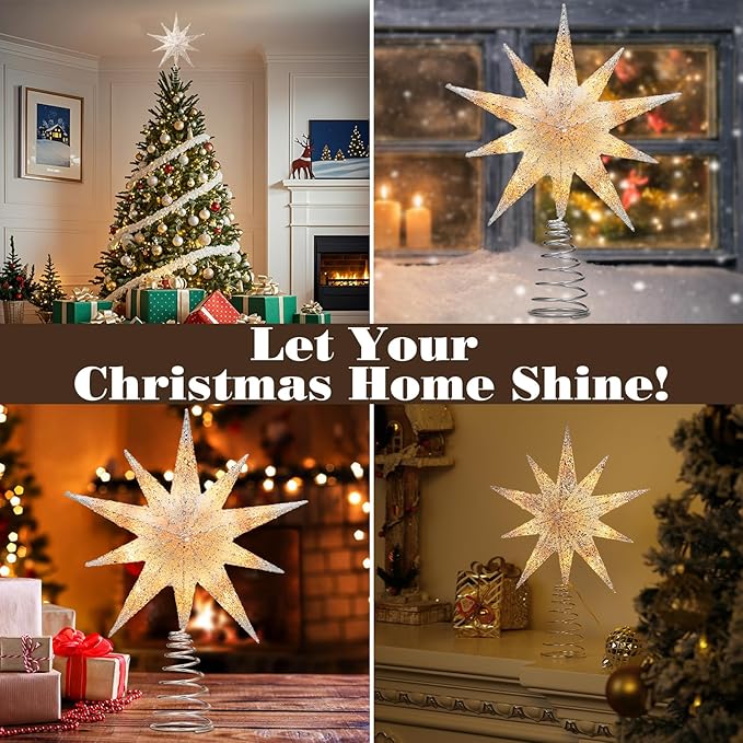 Lewondr Christmas Tree Topper Star, 13inch 10-Point Light Up Xmas Star Treetop with Plug and Remote Control for Home Christmas Decoration, 6H Timer & 8 Lighting Modes, Warm Light, Silver