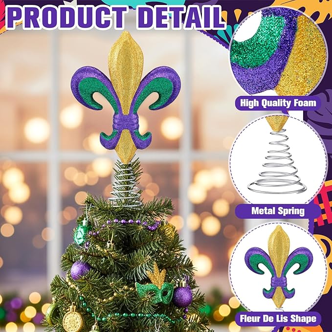 Gejoy 13 Inch Mardi Gras Tree Topper Glitter Purple Gold Green Tree Topper Fleur-de-lis Carnival Ornaments for Mardi Gras Carnival Party Holiday Decor Gifts