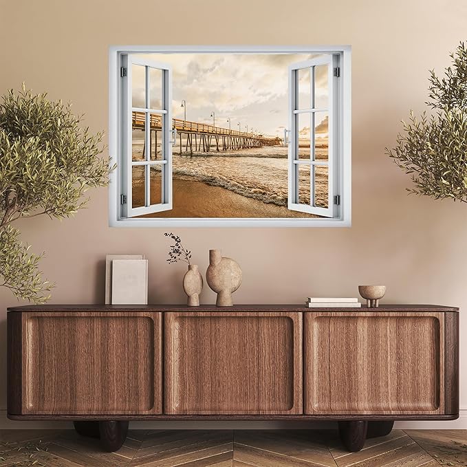 SIGNWIN Removable Wall Sticker/Wall Mural Window Golden Sunset Over Ocean Waves and Wooden Pier Photography Realism Decorative Landscape Digital Art for Living Room, Bedroom, Office - 36"x48"