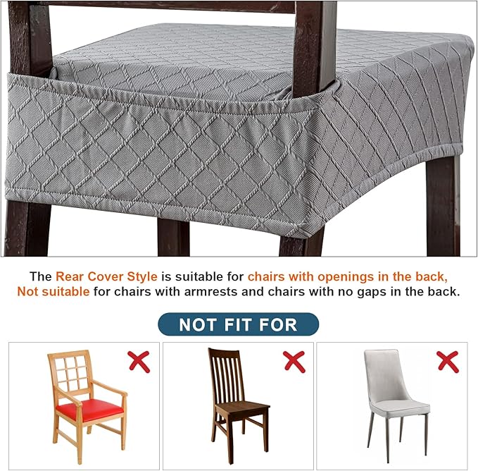 Genina Waterproof Seat Covers for Chairs,Set of 2 Dining Room Chair Seat Covers for Kitchen,Stretch Jacquard Removable Washable Dining Chair Slipcovers Protectors with Rear Covers, Light Grey