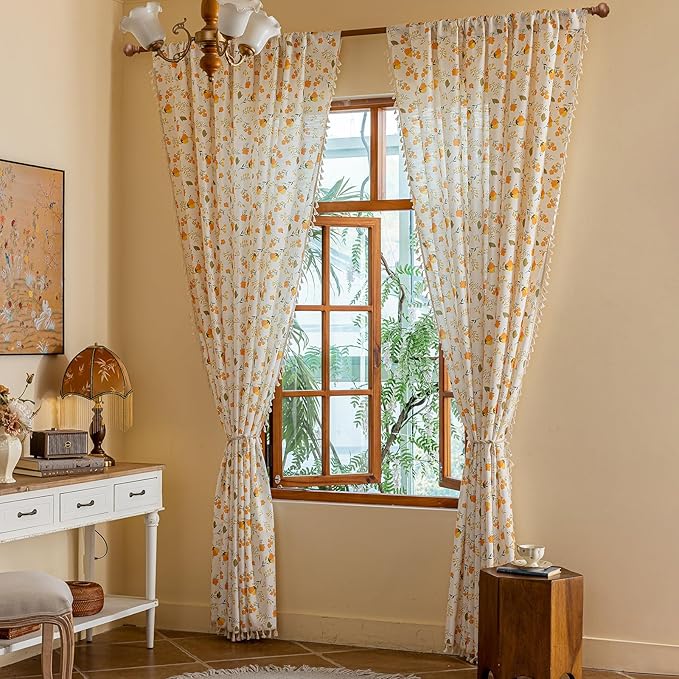 OYX Yellow Boho Pattern Floral Curtains 96 Inch Length 2 Panels for Living Room, Bedroom Light Filtering Drapes, Vintage Country French Tassels Patterned Rod Pocket Aesthetic Decor Window Treatments