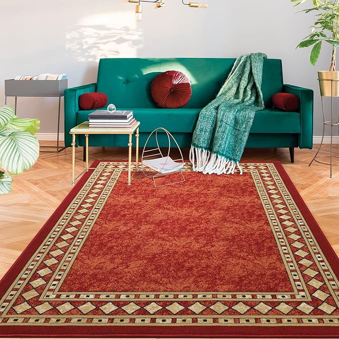 Antep Rugs Alfombras Modern Bordered 4x6 Non-Skid (Non-Slip) Low Profile Pile Rubber Backing Indoor Area Rugs (Maroon Beige, 4' x 5'8")