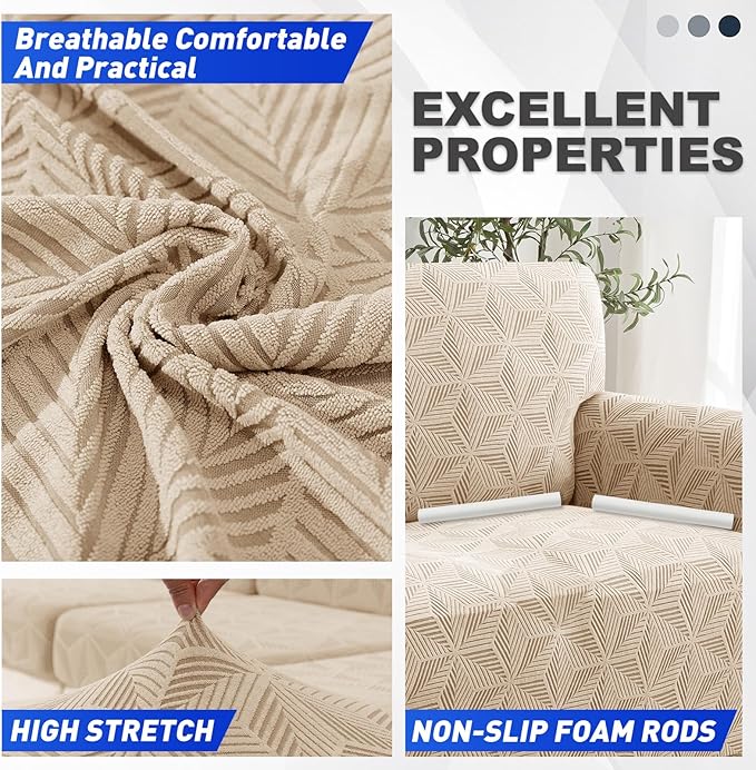 YEMYHOM 1 Piece Stretch Oversized Couch Covers for 4 Seat, Jacquard Extra Large Sofa Cover with Non-Slip Elastic Bottom, Thickened Slipcover Furniture Protector for Dogs Pets (X-Large, Khaki）