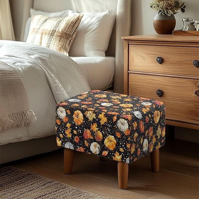 Fall Maple Leaves Pumpkin Rectangle Ottoman Cover Machine Washable Stretchable Slipcover with Elastic Edge for Rectangular Footstools, Thanksgiving Decor 30" L x 24" W x 15" H