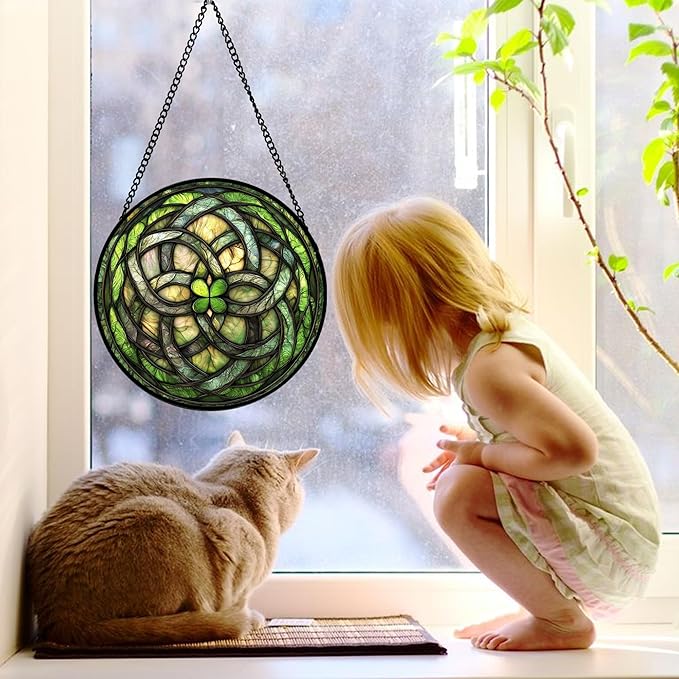 Stained Glass Window Hanging, Abstract Green Clover Sun Catchers Colorful Glass Panel Bless Suncatcher Decor for Birthday for Women, Men, Wife, Aunt, and Mom 11.8x11.8 in