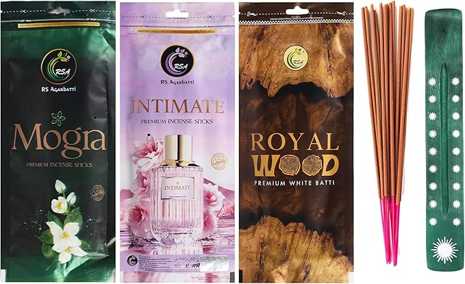 Hashcart Natural Incense Gift Set of 3 Includes 200+ Sticks Premium Fragrances Each of Royal Wood, Mogra, Intimate, 110g Each, 45-50 Min Burn Time with 1 Assorted Incense Stick Holder