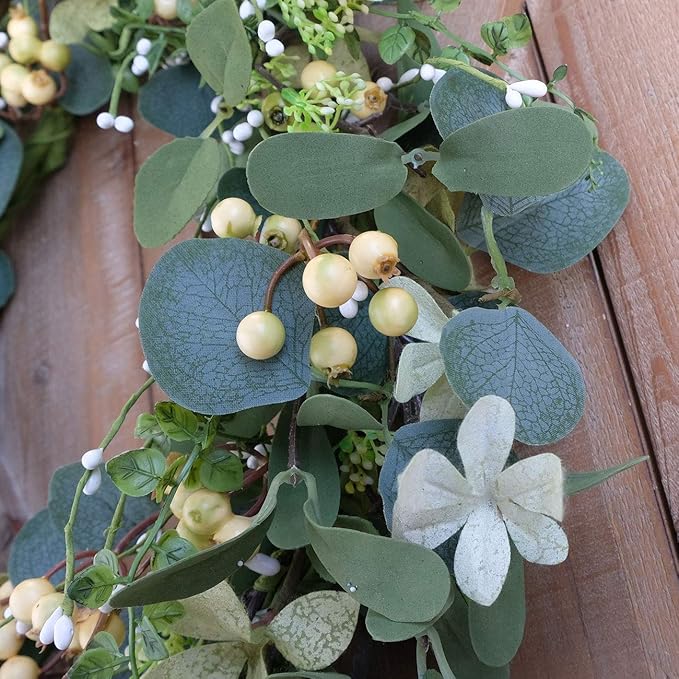 Bibelot 22Inch Artificial Eucalyptus Berry Wreath Green Leaf Eucalyptus Wreaths Spring Summer Wreath for Front Door Window Hanging Wall Party Decorations (22in)