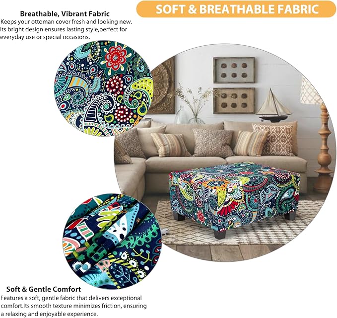 Ottoman Cover Rectangle Printed,Stretch Slipcover for Rectangular Footstool,Soft Fabric with Non-Slip Elastic Bottom,Decorative Furniture Protector for Living Room,Large,Navy & Green
