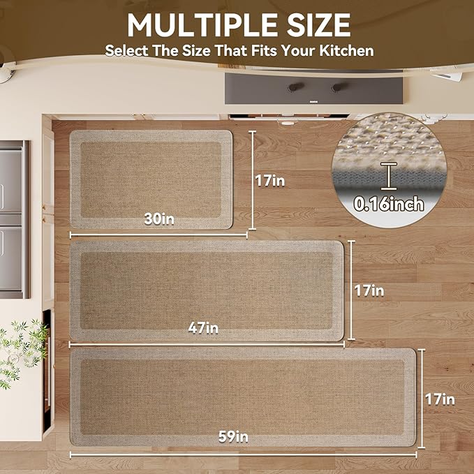 Non Slip Kitchen Mat Washable, Absorbent Kitchen Mats for Floor, Soft Woven Standing Floor Mat Sink Mat, Rubber Backing Runner Rugs for Kitchen, Sink and Laundry, Easy to Clean, 17"×30", Brown