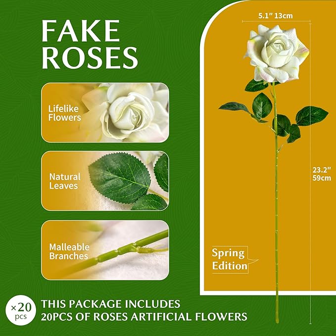 Artificial Flowers Artificial Roses Fake Roses 23.2In Long Stem Artificial Flowers for Tall Vase Silk Rose Suitable for Indoor Decor Wedding Party Decoration DIY Bouquet Spring 20PCS (Green)