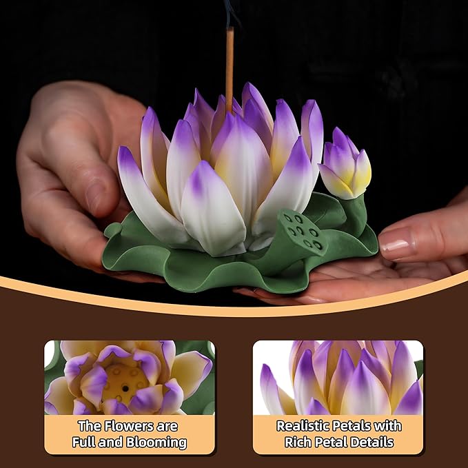 Lotus Incense Burner - Incense Burner Holder for Home Incense Holder Decor Incense Holder for Sticks Yoga, SPA (Z1-Purple Yellow)