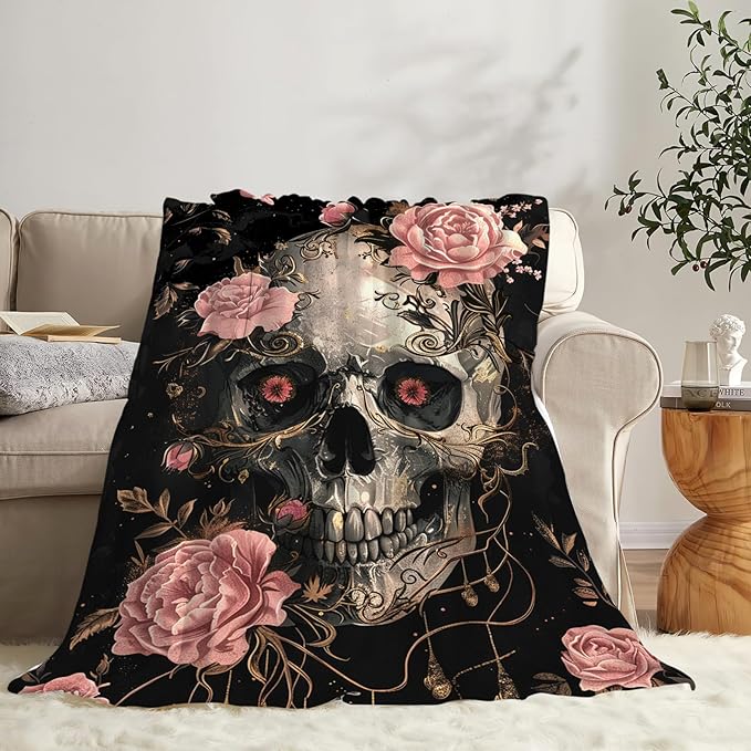 Tijuboni Skull Roses Throw Blanket Skull Gifts for Girls Boys Women Men Kids Adults Soft Flannel Fleece Blanket for Couch Sofa Bed Home Decor 60"x80"