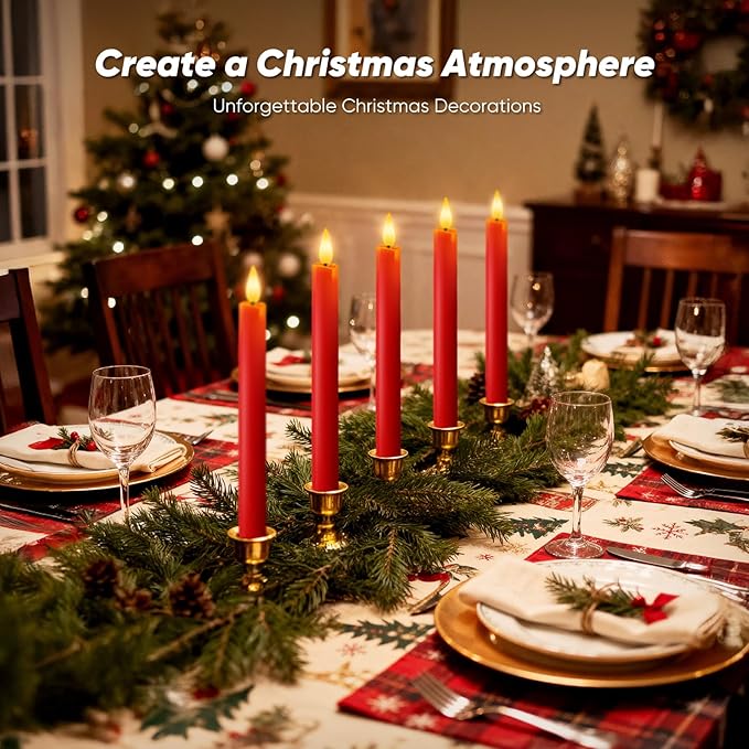 Homemory 6 Pcs Real Wax LED Red Flameless Taper Candles with Remote Timer, 9.6 Inches Fake Candlesticks, Dripless Battery Operated Window Candle with 3D Flickering Flame for Fireplace Xmas Decor