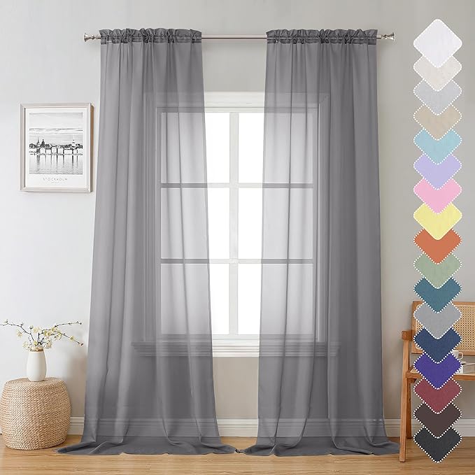 Lecloud Sheer Curtain Panels Set 96" Inches Long, Solid Voile Light Filtering Airy Curtains Window Treatment Drapes for Living Room, 2 Panels Elegant Bedroom Sheer Curtains, Charcoal Grey, 40" Wx96 L