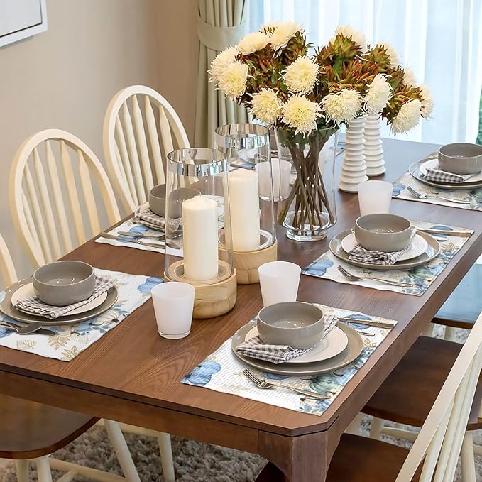 Fall Blue Pumpkin Placemats, Halloween Autumn Pumpkins Floral Golden Eucalyptus Leaves Harvest Plants Table Mats Placemat for Kitchen Dining Table, 4PCS
