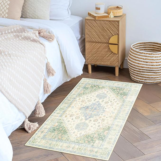 MUJOO Small Rug,2x3 Washable Area Rugs for Bathroom Entryway Entry Entrance Bedroom,Indoor Front Door Mat Non Slip Throw Carpet Low Pile Boho Light Green and Blue