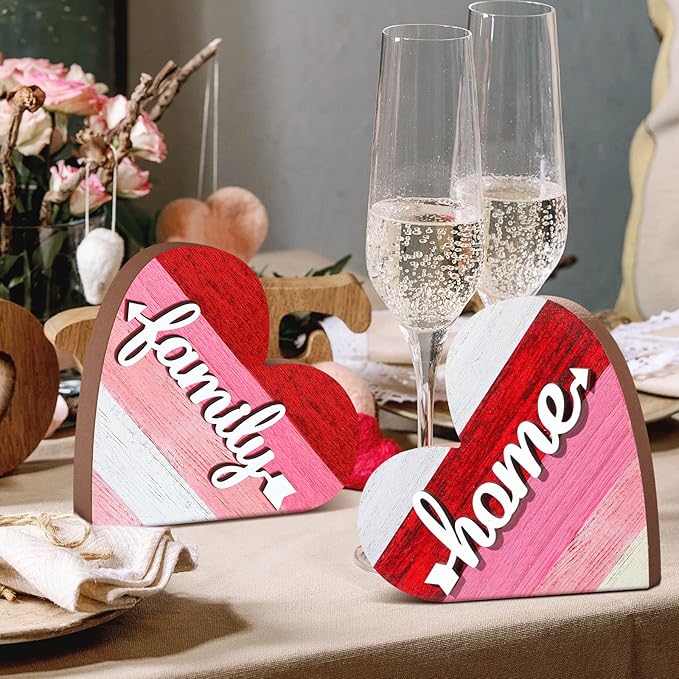 Jetec 2 Pcs Rustic Table Decorations for Living Room Home Decor Farmhouse Valentines Day Centerpiece Small Love Wooden Heart Decor for Dining Room Shelf Valentines Gift Decoration(Sweet Style)