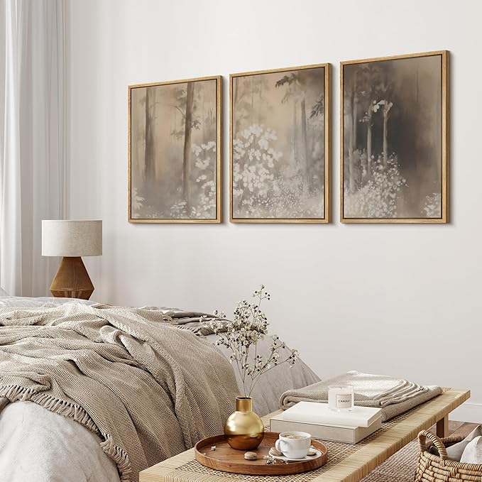MUDECOR Framed Wall Art Print Set Neutral Forest Landscape Beige and Gray Watercolor Illustrations Realism Decorative for Living Room, Bedroom, Office - 24"x36"x3 Natural