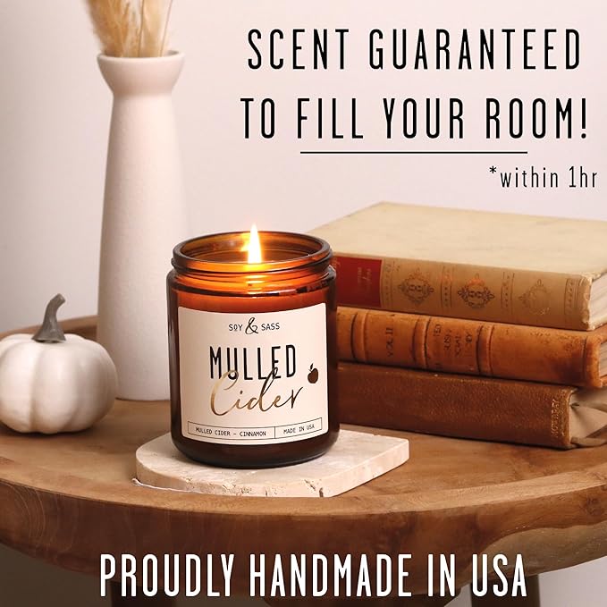 Mulled Cider Candle, Fall Candles I Apple Cider Candle w/Cinnamon & Nutmeg - Infused w/Essential Oils I Mulled Cider Fall Scented Candles (Soy) for Home I 9oz Reusable Jar I 50Hr Burn I Made in USA