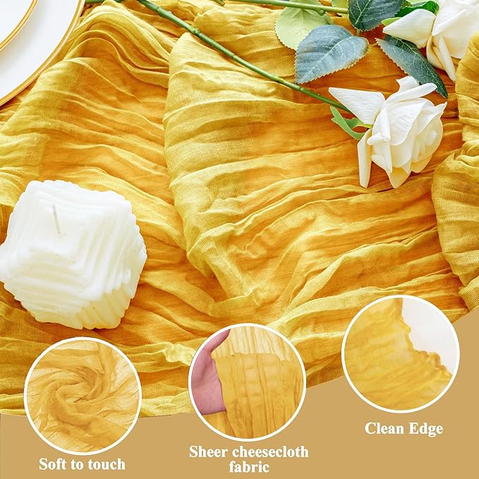 6PCS Table Runner Cheesecloth 10FT Gold Boho Gauze Cheese Cloth Rustic Sheer Table Runners for Wedding Bridal Baby Shower Party Decoration