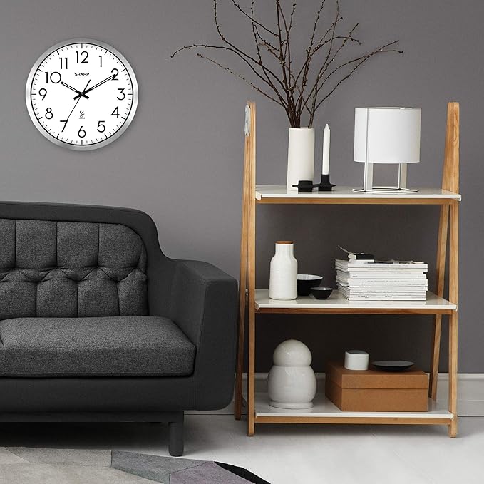 Sharp Atomic Analog Wall Clock - 12" Silver Brushed Finish - Sets Automatically- Battery Operated - Easy to Read - Easy to Use– Modern Design and Style